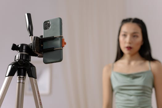 A woman stands in front of a smartphone set up on a tripod, engaged in vlogging content indoors.